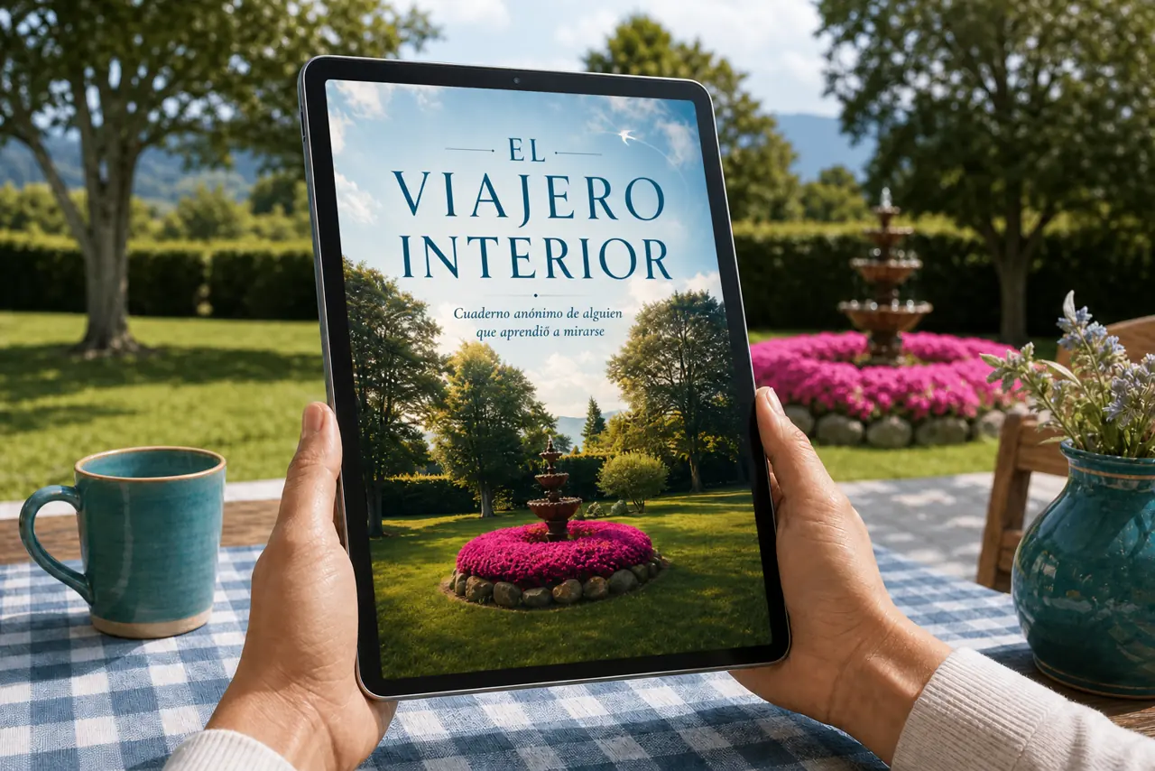 Dos manos sostienen una tablet con la portada digital de El Viajero Interior